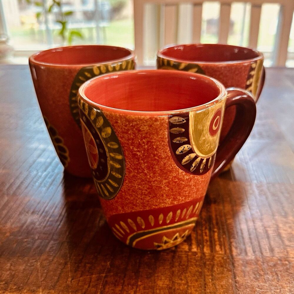 Tabletops Gallery RIO Coffee Mugs Set of 3 Terracotta Orange Boho Ceramic 16oz